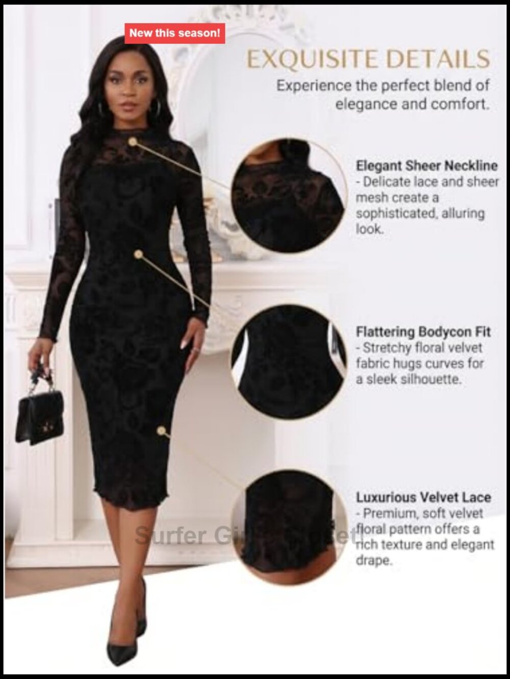Sexy Sheer Mesh Bodycon Midi Dress 2 Piece Set Long Sleeve Date Night - Picture 5 of 7